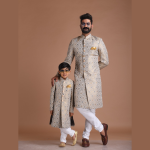 Golden Grey Royal Floral Pattern Banarasi Kim-Khab Sherwani | Regal Ethnic Wear | Jaipurio